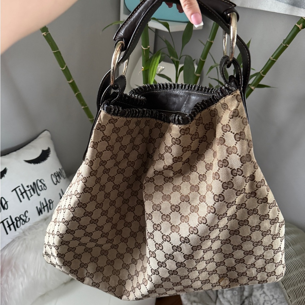 Gucci GG Monogram Canvas Hobo Shoulder Bag Brown Leather – Authentic